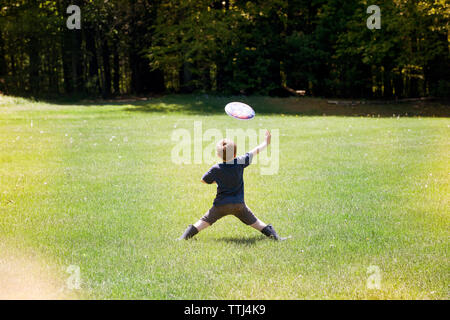 Rear view of boy throwing frisbee at park Stock Photo