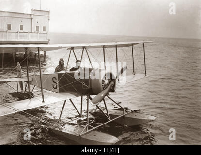 Seaplane 1919. On April 11 1919 was the first flight of the route Malmö Sweden - Copenhagen Denmark. The pilot Axel Lind made the flight in 27 minutes. The plane from Enoch Thulins aircraft factory. Stock Photo