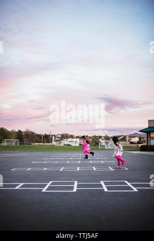 Siblings playing hopscotch on field Stock Photo