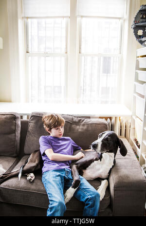 Boy with dog relaxing on sofa at home Stock Photo