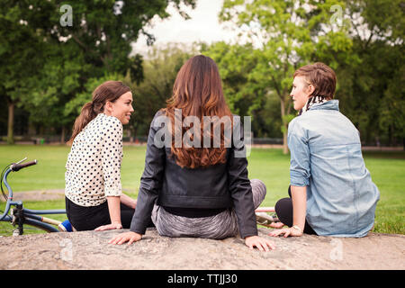 Friends sitting on rock in central park Stock Photo