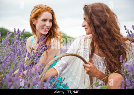 Smiling friends looking at each other while crouching in lavender field Stock Photo