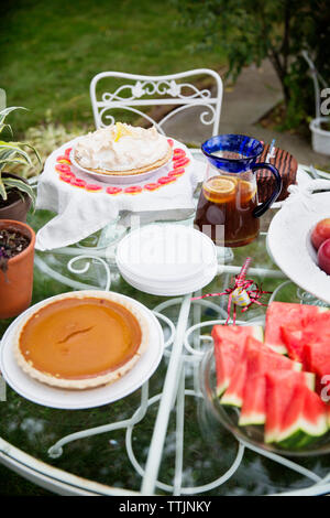 High angle view of food on table in lawn Stock Photo