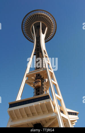Low angle view of space needle against blue sky