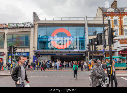 London, UK - June 15th 2019 - Entrance to Brixton underground station on the victoria line Stock Photo