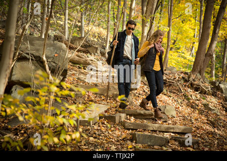 Couple moving down steps in forest Stock Photo