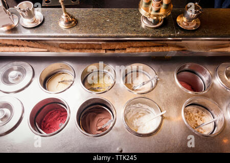 High angle view of various flavors ice cream for sale at shop Stock Photo