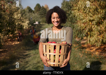 Midsection of woman carrying apples in basket on field Stock Photo