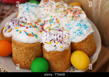 Easter decorations - eggs and cakes, close up Stock Photo