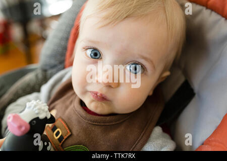 Close-up portrait of cute baby boy sitting on high chair at home Stock Photo