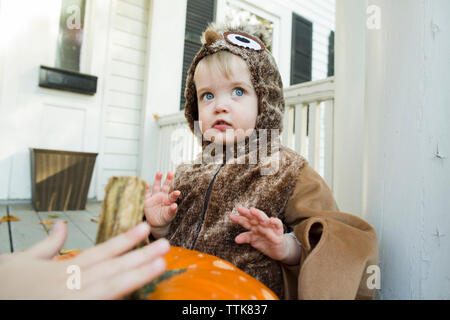 Toddler boy looks into distance while dressed up in Halloween costume Stock Photo