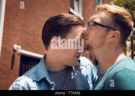 Gay couple embracing while standing outside house Stock Photo