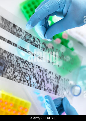 High angle view of cropped hands holding DNA gel while working in laboratory Stock Photo