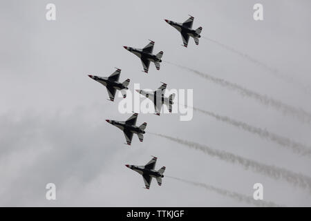 The United States Air Force Thunderbirds aerobatic team performs in an airshow at the Indiana Air National Guard Base in Fort Wayne, Indiana, USA. Stock Photo