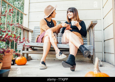 Full length of female friends talking while sitting on wooden bench in porch Stock Photo