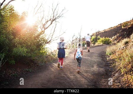 Rear view of children and man walking on road against clear sky Stock Photo