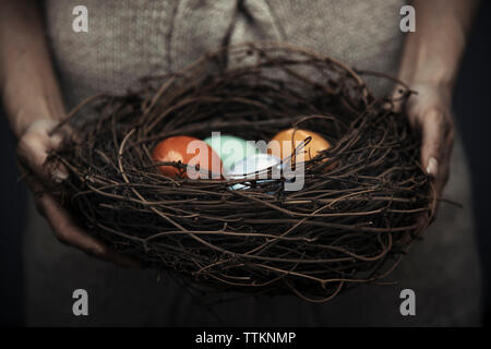 Midsection of woman carrying easter eggs in bird's nest while standing at home Stock Photo