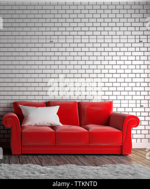 Red sofa and pillow ,carpet , wooden floor on empty brick wall. 3D rendering Stock Photo