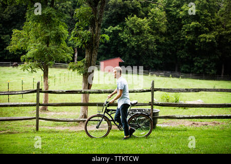 Man with bicycle walking by fence in farm Stock Photo