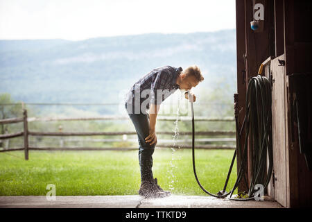 Thirsty man drinking water from hose in stable Stock Photo