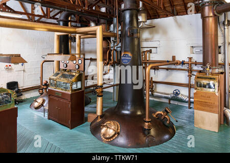 View of  still at Bruichladdich Distillery on island of Islay in Inner Hebrides of Scotland, UK Stock Photo