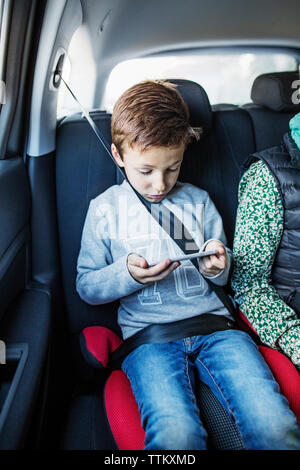 Boy using smart phone in car Stock Photo