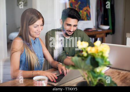 Happy couple using laptop at home Stock Photo