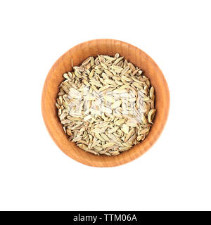 Fennel seeds in small wooden bowl isolated on white Stock Photo