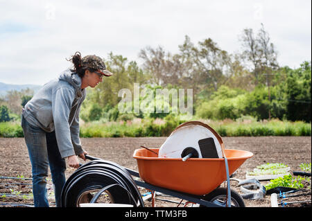 Side view of female farmer pushing wheelbarrow on rural road Stock ...