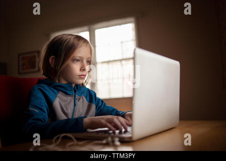 Boy using laptop computer while sitting at table Stock Photo