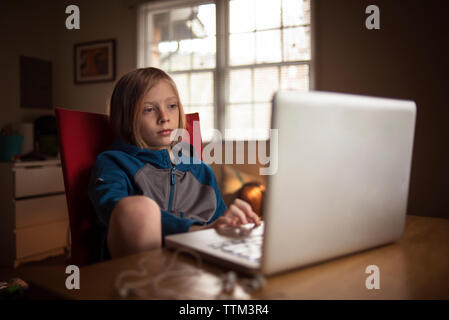 Boy using laptop while sitting at table Stock Photo
