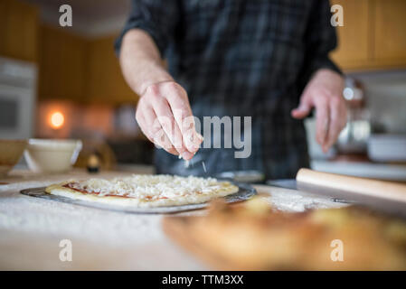 Midsection of man sprinkling ingredients on pizza at kitchen Stock Photo
