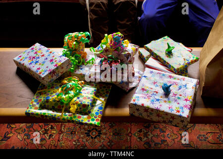 High angle view of gift boxes on table at home Stock Photo