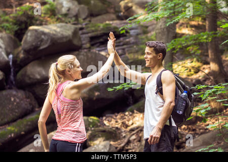 Friends high fiving eachother during hike through forest in rural Quebec Stock Photo