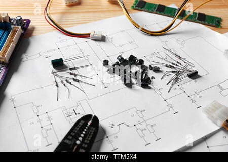 Electronic components on engineering drawings Stock Photo