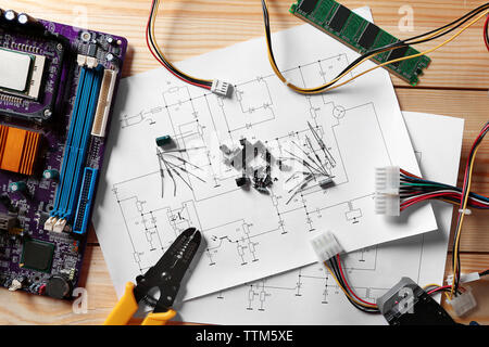 Electronic components on engineering drawings Stock Photo
