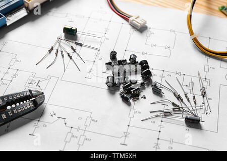 Electronic components on engineering drawings Stock Photo
