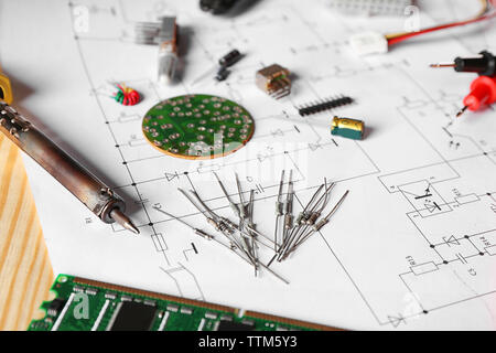 Electronic components on engineering drawings Stock Photo