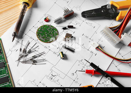 Electronic components on engineering drawings Stock Photo