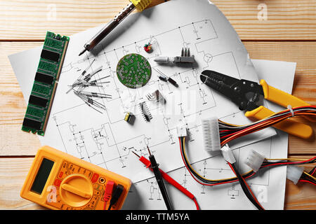Electronic components on engineering drawings Stock Photo
