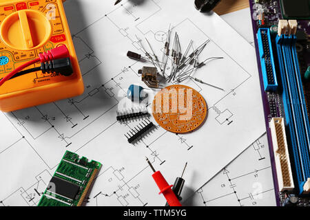 Electronic components on engineering drawings Stock Photo