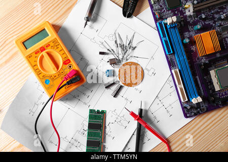 Electronic components on engineering drawings Stock Photo
