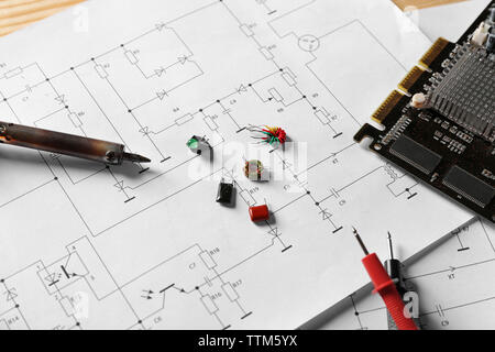 Electronic components on engineering drawings Stock Photo