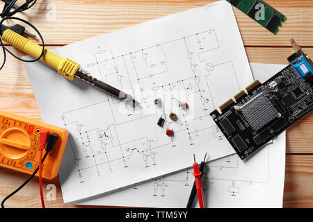 Electronic components on engineering drawings Stock Photo