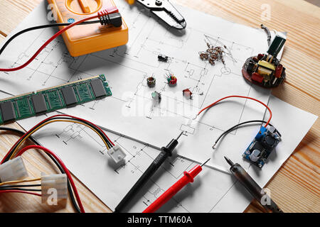Electronic components on engineering drawings Stock Photo