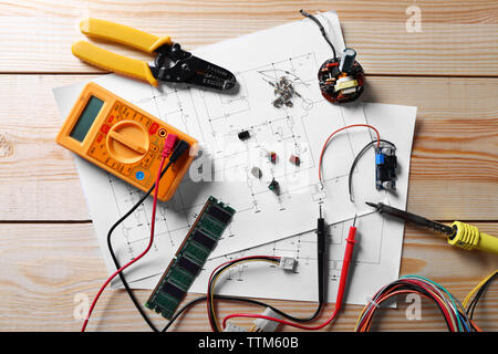 Electronic components on engineering drawings Stock Photo