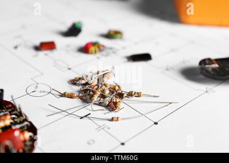 Electronic components on engineering drawings Stock Photo