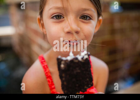 Portrait of happy girl eating chocolate popsicle Stock Photo