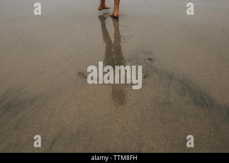 Low section of woman standing on wet sand at beach Stock Photo
