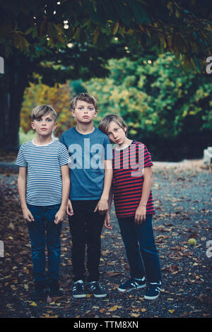 Full length portrait of brothers standing against trees during autumn Stock Photo